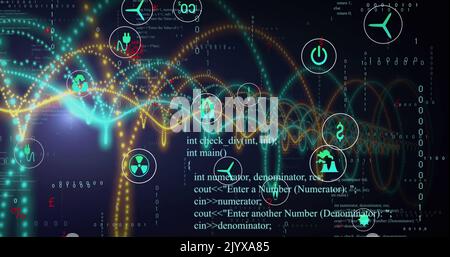 Image of computer icons with colorful spiral patterns and programming data Stock Photo
