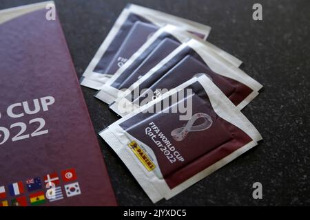 Minas Gerais, Brazil - September 07, 2022: Selective focus of stickers and Panini 2022 FIFA World Cup Qatar Official licensed sticker album Stock Photo