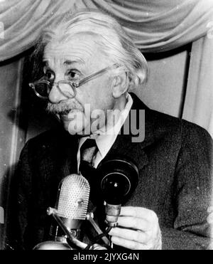 Einstein Urges Educational Support -- Dr. Albert Einstein, famed theoretical physicist making one of his rare public appearances, speaks to 300 Jewish community leaders of the U.S. and Canada at Nassau Tavern here tonight. He urged support for schools of higher learning in Israel as institutions where Jews will always be welcome. Meeting was the first national conference of the American Committee for the Hebrew University, Weizmann Institute of Science, and *****. May 10, 1950. (Photo by AP Wirephoto). Stock Photo