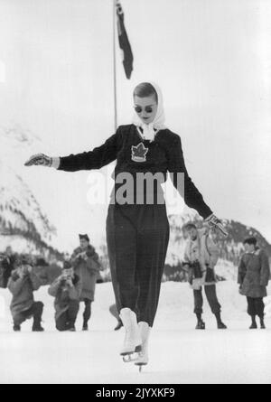 Champion Waits On The Weather -- Canadian world champion skater Barbara Ann Scott practises her required figures as she waits for the ice to clear sufficiently for resumption of the figure skating championships at the Winter Olympics. Warm weather caused postponement of several events. February 05, 1948. Stock Photo