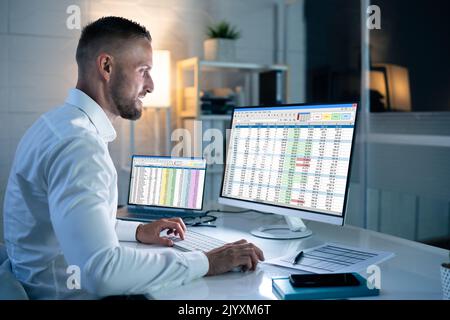 Analyst Working With Spreadsheet Business Data On Computer Stock Photo