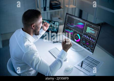 Excited Business Analyst Using Data Dashboard On Computer And Celebrating Win Stock Photo