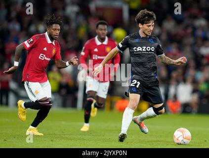 Manchester, England, 8th September 2022. David Silva of Real Sociedad gets space in front of Fred of Manchester United  during the UEFA Europa League match at Old Trafford, Manchester. Picture credit should read: Andrew Yates / Sportimage Stock Photo