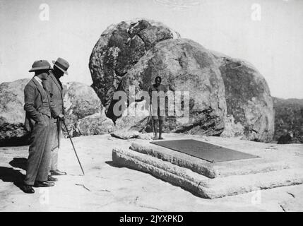 The Prince Visits Cecil Rhodes's Grave. The Prince of Wales at the lonely grave in the Matopos where Cecil Rhodes was buried by his own wieb. The spot is known as 'The World's View'. The Prince drove out to it while staying at Bulawayo. January 07, 1947. Stock Photo