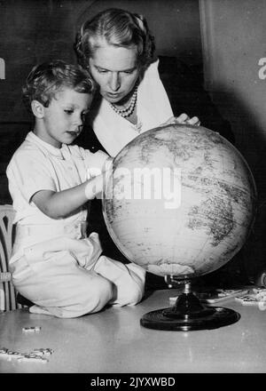 Sweden's Crown Prince - Sweden's ' Prince Charming' The Four-year-old Crown Prince Carl Gustav, is pictured here with his mother, Princess Sibylla, In Search of Sweden on the Globe. The crown Prince's father died in 1947. His Grandfather is king Gustav VI Adolf of Sweden- Who succeeded to the throne on the recent death of 91-year-old King Gustav V. December 10, 1950. (Photo by Associated Press Photo) Stock Photo