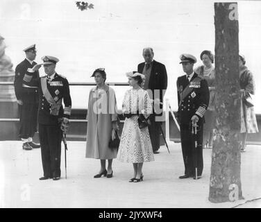 King and Queen of Sweden Sail, Up The Thaies: King Gustav and Queen Louise of Sweden are on A State Visit to Britain. They Came in The Cruiser The Kronor to Greenwich where They Were Met By The Duke of Edinburgh Who Escorted Then to The Royal Barge for Their Journey Up The Thames to Westminster Pier. There They Were Met Were Met By The Queen and Other Members of The Royal Family. on his Arrival at Westminster Pier, King Gustav Stands at The Salute. Beside Him is Queen Louise, Then Queen Elizabeth. Beside her is The Duke of Edinburgh. Behind Him is The Queen Mother with Princess Margaret. June Stock Photo