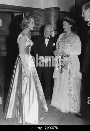 Joan Regan, British singing star, meets the Queen and Duke of Edinburgh. April 15, 1955. (Photo by Daily Express Picture). Stock Photo