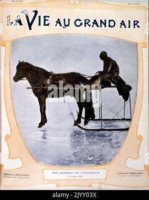 Photograph of a horse with rider on a sledge, Stockholm, Sweden 1900 Stock Photo