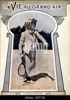 Sarah Bernhardt (1844 - 1923), French stage actress. Photograph showing her playing tennis in 1905. In 1915 she had her leg amputated. She starred in some of the most popular French plays of the late 19th and early 20th centuries. She also played male roles, including Shakespeare's Hamlet. Stock Photo