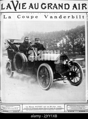 Charles Petiet driving in the Vanderbilt Cup race of 1905. Baron Charles Petiet, (1879 - 1958), French automobile manufacturer and racing driver. Designer at 24 years of the Aries brand, he was president of the chamber of trade of automobile manufacturers from 1918 to 1953. from 1921 until his death in 1958, chairman of the committee of the Salon de l'Automobile. The Vanderbilt Cup was the first major trophy in American auto racing Stock Photo