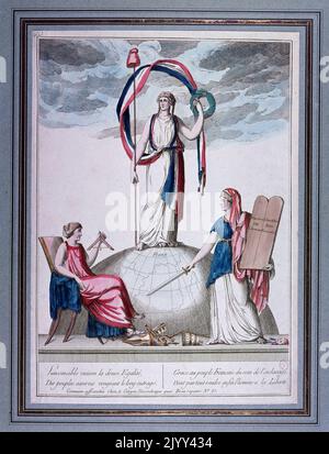 1795 Illustration of Marianne (La Liberte), a national symbol of the French Republic, a personification of liberty and reason, and a portrayal of the Goddess of Liberty. Marianne is displayed in many places in France and holds a place of honour in town halls and law courts. She symbolizes the Triumph of the Republic. Marianne is a significant republican symbol. As a national icon she represents opposition to monarchy and the championship of freedom and democracy against all forms of oppression. Stock Photo