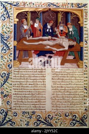 Medieval Illustration of an autopsy performed in the middle ages. From the French manuscript 'The Properties of Things' by Bartholomaeus Anglicus, late 15th century Stock Photo