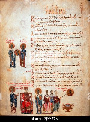 An illuminated Psalter depicts the iconoclasts. The controversy on the veneration of icons agitated the Greek Church from c.725 to 842. The origins of Byzantine Iconoclasm are very obscure. In 726 the Emp. Leo III, the Isaurian (717-41), published an edict declaring all images idols and ordering their destruction. Very soon serious disturbances throughout the Empire followed. This Psalter depicts the iconoclasts, with their pots of whitewash, as the equivalent of the soldiers who tormented and crucified Christ. Chludov Psalter (c. 850-75) Moscow, Hist. Mus. MS. D.29 folio 67r Stock Photo