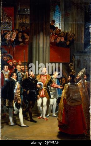 Francois I (1494-1547), King of France from 1515, and Charles V (1500-1558), Holy Roman Emperor from 1519, visiting the tomb of Saint Denis, patron saint of Paris, 13 January 1540. Painting by Norblin, after Anton Jean Gros (1771-1835). Stock Photo