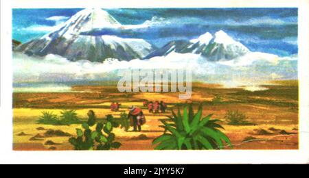 from a series of cards for Brooke Bond Tea; 1973; 'Adventurers & Explorers', illustrated by John ; depicting illustrated colour image of Alexander von Humboldt (1769-1859), German; Illustration of Humboldt making scientific observations near Mt. Chimborazo (A series of 50 cards, no. 29). Stock Photo