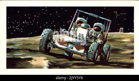 from a series of cards for Brooke Bond Tea; 1973; 'The Race into Space', illustrated by David Lawson; illustrated colour image of Lunar Roving Vehicle intended to be carried by Apollo 16, 17, 18 and 19 (A series of 50 cards, no. 42). Stock Photo