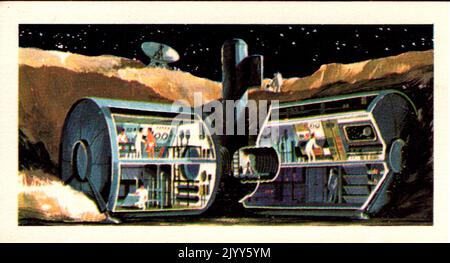 from a series of cards for Brooke Bond Tea; 1973; 'The Race into Space', illustrated by David Lawson; illustrated colour image of Moon Base for removing space suits in space (A series of 50 cards, no. 49). Stock Photo