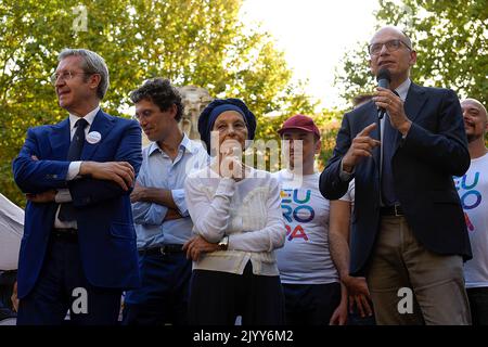 Rome, Italy. 08th Sep, 2022. Benedetto Della Vedova (L), national secretary of the party   Europe, Emma Bonino (C), senator of the party  Europe, and Enrico Letta (R), secretary of the Democratic Party, attend a rally as part of the election campaign for the general election of 25 September. Credit: SOPA Images Limited/Alamy Live News Stock Photo
