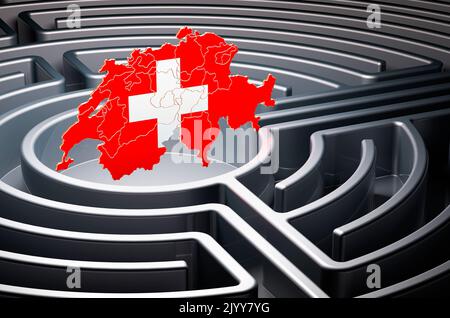 Swiss map inside maze, 3D rendering Stock Photo