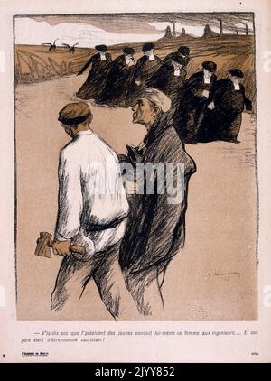 In L'Assiette au Beurre satirical magazine; colour drawing of two men walking passed a group of curates Stock Photo