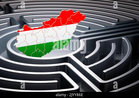 Hungarian map inside maze, 3D rendering Stock Photo