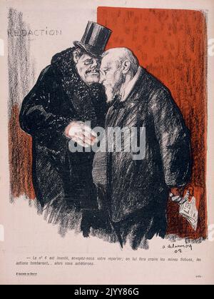 In L'Assiette au Beurre satirical magazine; colour drawing of two men discussing their shares in mines remarking that it is time to sell. Stock Photo