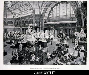 Exposition Universelle (World Fair) Paris, 1889; a black and white photograph of the interior of the Great Palace showing the sculpture exhibits.