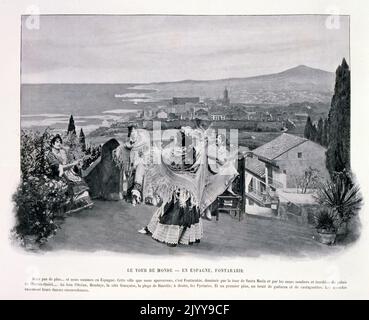 Exposition Universelle (World Fair) Paris, 1900; The Exposition Universelle of 1900, better known in English as the 1900 Paris Exposition, was a world's fair held in Paris, France, from 14 April to 12 November 1900, to celebrate the achievements of the past century and to accelerate development into the next. The style that was universally present in the Exposition was Art Nouveau. The fair, visited by nearly 50 million, displayed many technological innovations; black and white photograph of Spanish gypsies doing the Flamenco dance with a painted backdrop of the sea at Hendaye and Biarritz. Stock Photo