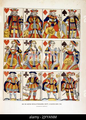 Coloured Illustration of a pack of playing cards. Caption reads 'Revolutionaries, published Nantes 1792' Stock Photo