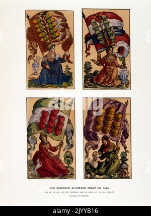 Coloured Illustration of playing cards; Satirical German pack engraved in 1545 with ten hearts. Stock Photo