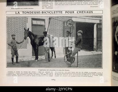 Photograph inside of the lifestyle magazine La Vie au Grand Air; A hair clipping bicycle for grooming horses. Stock Photo