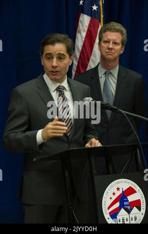 Secretary Shaun Donovan participating in press conference announcement, at the Southwest Family Enhancement Center in Washington, D.C., of the launch of a digital literacy initiative as part of the national effort to close the broadband adoption gap. Joining Secretary Donovan in highlighting the public-private partnership for community connections were Federal Communications Commission (FCC) Chairman Julius Genachowski; Washington, D.C. Housing Authority Executive Director, Adrianne Todman; Institute of Museum and Library Services Director, Susan Hildreth; Connect2Compete Chief Executive Offic Stock Photo