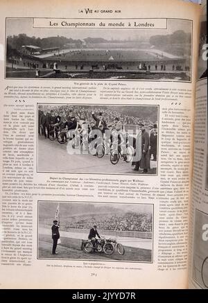 From the magazine La Vie au Grand Air (Life in the Outdoors); Black and white photographs of the new velodrome the Crystal Palace in London. Also a photograph of cyclists ready to start a race. Stock Photo