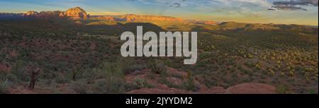 Sedona Arizona viewed from the eastern slope of the Cockscomb Butte near sundown. Stock Photo