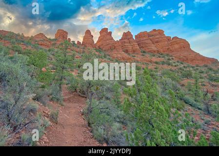 The spires of the Cockscomb Butte in Sedona Arizona viewed from the east side near sundown. Stock Photo