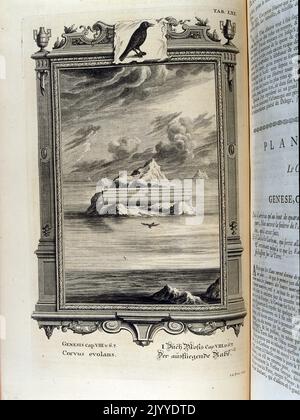 Engraving depicting Noah's Ark resting on a mountain surrounded by sea. The Illustration is set within an ornate frame. Stock Photo