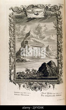 Engraving depicting Noah's Ark resting on a mountain amid receding waters showing land near by, entitled 'The Olive Branch'. The Illustration is set within an ornate frame. Stock Photo