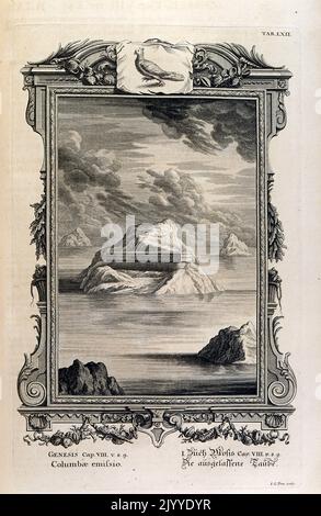 Engraving depicting Noah's Ark resting on a mountain amid receding waters. The dove returns showing land is near. The Illustration is set within an ornate frame. Stock Photo