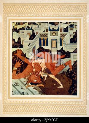 Coloured Illustration of Theseus wrestling with the minotaur. Illustrated by Edmund Dulac (1882-1953), a French British naturalised magazine and book illustrator. Stock Photo