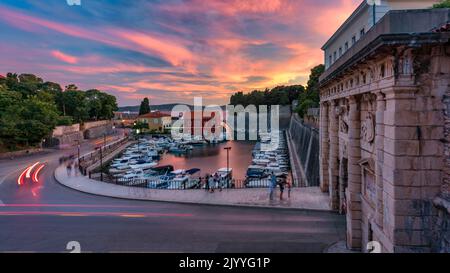 The Land Gate in Zadar at sunset, the main entrance into the city, built by a Venetian architect Michele Sanmicheli in 1543, Zadar, Croatia. The Land Stock Photo