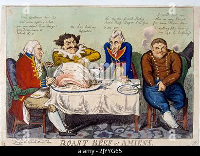 Satirical Illustration entitled 'Roast Beef at Amiens' depicting men sitting around a table, cutting a large piece of meat. Stock Photo