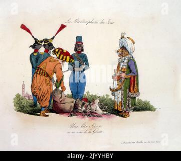 Coloured satirical Illustration entitled 'A Ferocious Beast (or friend of the Gazette)' depicting animals dressed up in human clothing, except for one man in human form. The sinister looking tiger man stands over the heads of dead animals. Illustrated by Pierre Langlume (1790-1830), French artist. Stock Photo