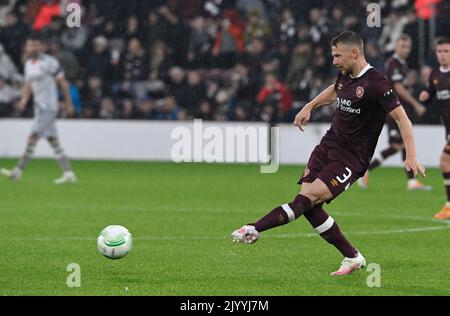 Edinburgh, 8th September 2022.    Stephen Kingsley of Hearts during the UEFA Europa Conference League match at Tynecastle Park, Edinburgh. Picture credit should read: Neil Hanna / Sportimage Stock Photo