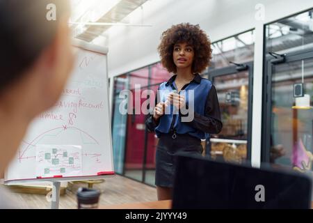 Female business coach or speaker make flip chart presentation to diverse businesspeople at meeting Stock Photo