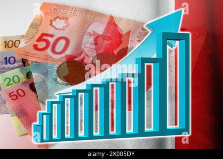 Economy chart: rising arrow, Canadian dollar cash bills and coins and flag of Canada (Money, Economy, Business, Finance, Crisis) Stock Photo