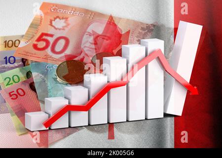 Economy chart: downward arrow, Canadian dollar cash bills and coins and flag of Canada (Money, Economy, Business, Finance, Crisis) Stock Photo