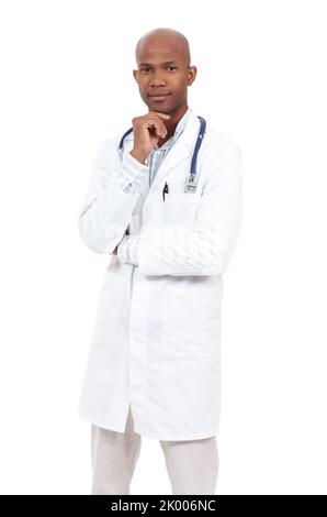 Contemplating the diagnosis. Studio portrait of a young african american doctor looking thoughtful. Stock Photo