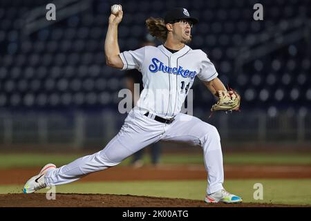 Biloxi Shuckers pitcher Robbie Baker (24) during an MiLB Southern