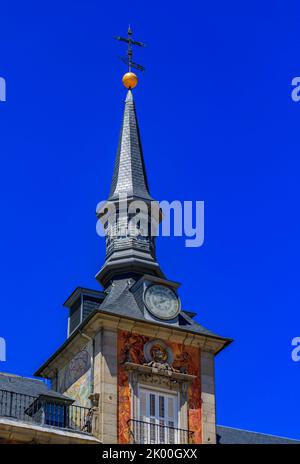 Barometer tower of the Plaza Mayor Tourist Information Center, historic Casa de la Panaderia, built in 1619 in Madrid, Spain Stock Photo