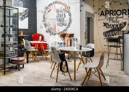 Moscow, Russia - June 13, 2019: Interior design of Industrial loft style cafe Stock Photo